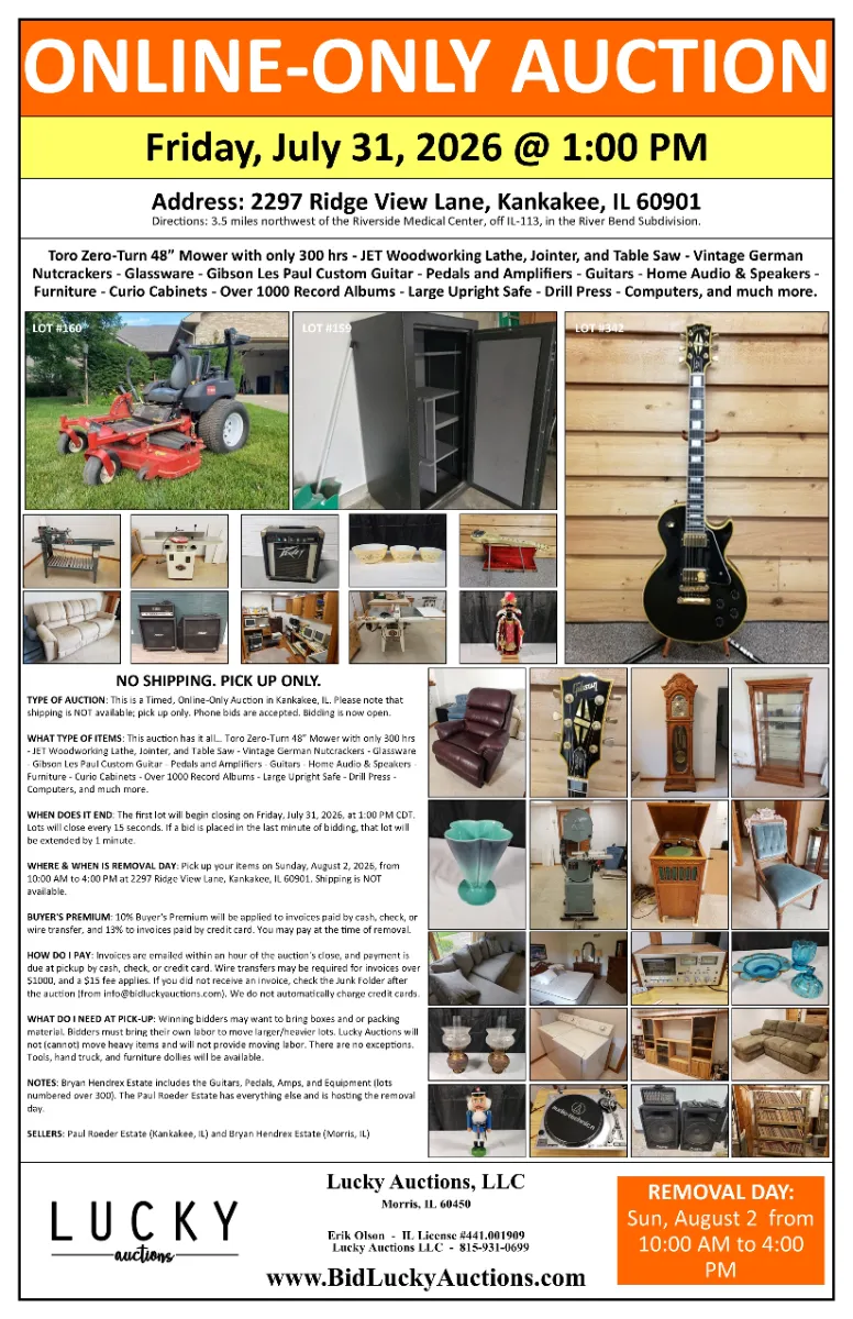 Toro Zero-Turn 48” Mower – Gibson Les Paul Custom Guitar – JET Woodworking Equip – Vintage German Nutcrackers – Amplifiers – Guitars – Furniture – Curio Cabinets – Over 1000 Record Albums and more. photo 1